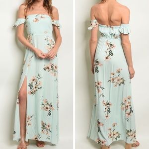 Mint Floral Off the Shoulder Maxi Dress